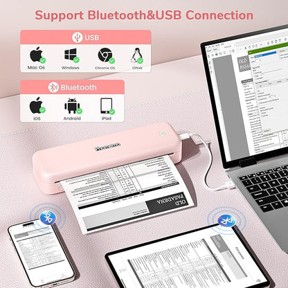 Phomemo Portable Printers Wireless for Travel Upgraded,M834 Bluetooth Thermal Printer 8.5" x 11"& A4 Size,Inkless Mobile Printer with Carry Case for Travel,Office,School,Car,Home,Pink