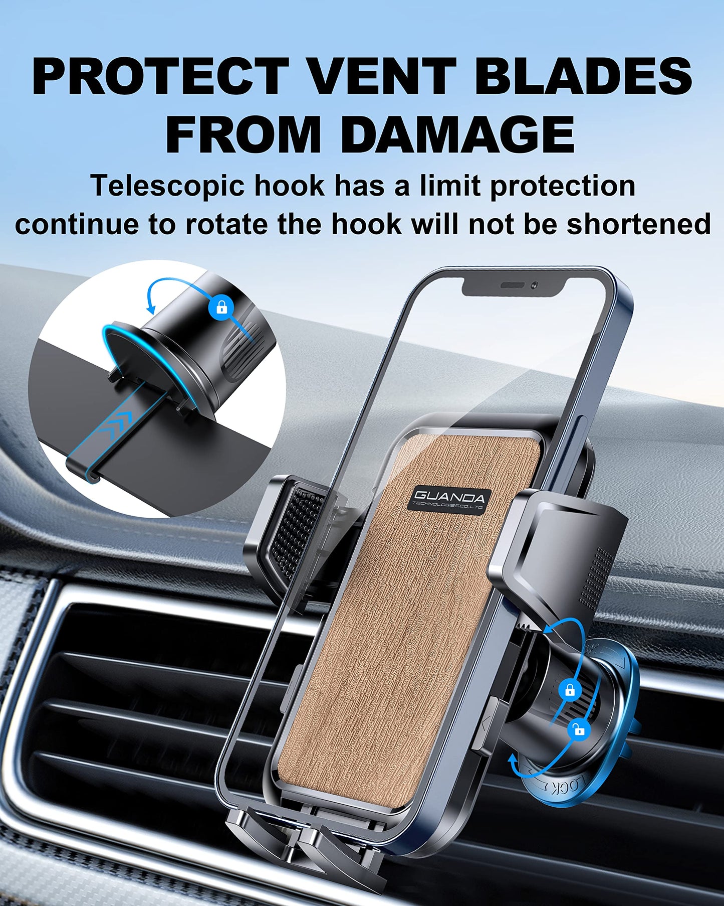 Air Vent Car Phone Holder, Adjustable Wide Clamp, Metal Hook, Anti-Shake
