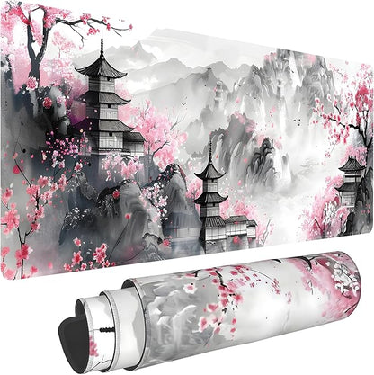 Japanese Cherry Blossom Large Mouse Pad,Gaming Keyboard Desk Pad,Extended Mouse Mat Non-Slip Rubber Base with Stitched Edges for Office Game Home XL 31.5"x11.8"
