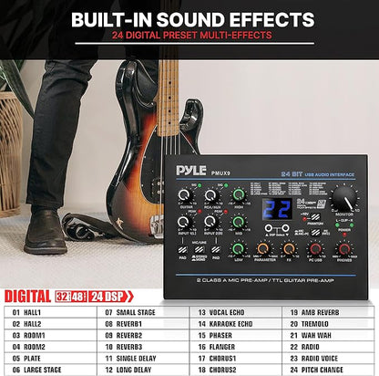 Pyle USB Audio Interface - MIC/LINE - Guitar - AUX Stereo & RCA Inputs - Preset 24 Digital Effects - Phantom Power - Phone/Stereo/Monitor/Headphone Outputs - For Computer Playing & Recording - PMUX9