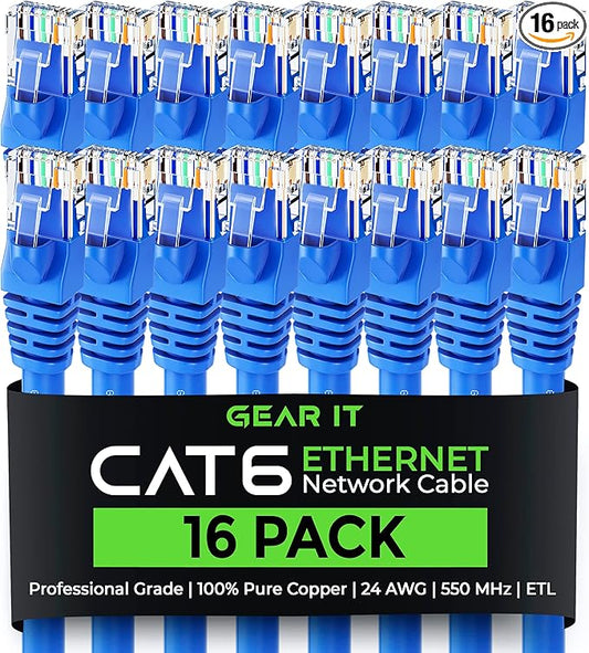 GEARit Cat 6 Ethernet Patch Cable 7 ft Blue (16 Pack) - Cat6 Patch Cables 7 ft Blue/Ethernet Patch Cable, 10Gbps 24AWG Pure Copper, Snagless RJ45 for Router, Switch, PC, PS5, Server