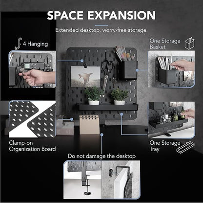 EHO Clamp-On Desk Pegboard, 13.5 x 14 inch Privacy Divider, Desk Partition Panel, No-Drill Desk Mounted Organizer, Combination Peg Board for Office, Gaming, Home, Plants, Black