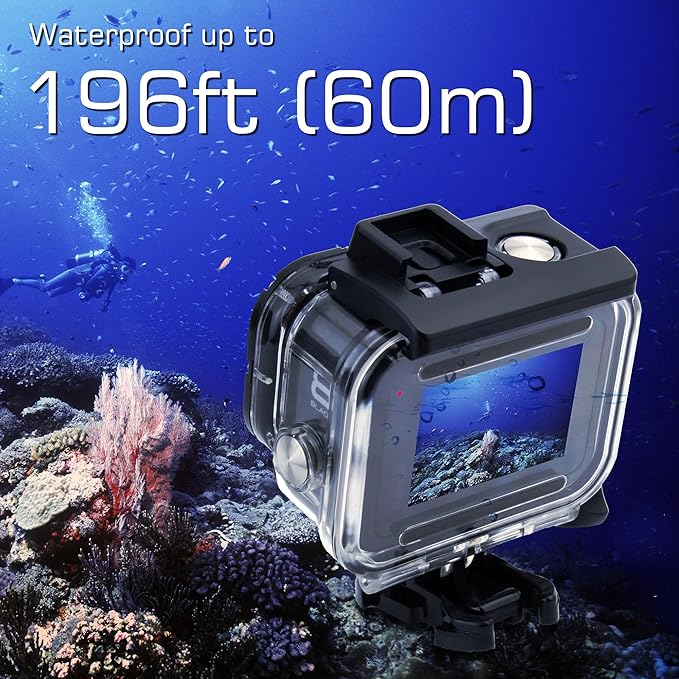 GEPULY 60M/196FT Waterproof Housing Case for GoPro Hero 8 Black, Dual Cold Shoe Slots Protective Underwater Diving Housing Shell for GoPro Hero 8 Black Action Camera