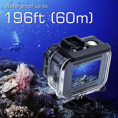 GEPULY 60M/196FT Waterproof Housing Case for GoPro Hero 8 Black, Dual Cold Shoe Slots Protective Underwater Diving Housing Shell for GoPro Hero 8 Black Action Camera