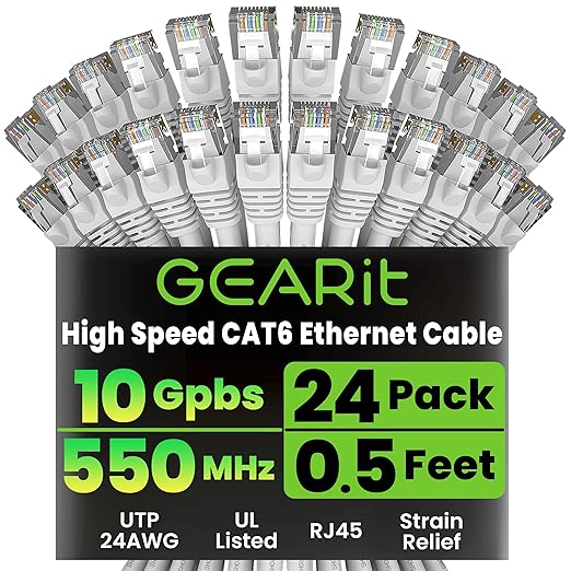 GEARit Cat 6 Ethernet Patch Cables 0.5 ft White (Cat 6 Ethernet Cables 0.5 ft 24-Pack), High Speed 24AWG 10Gbps RJ45 Snagless Gold-Plated, Ethernet Cable for Router, Switch, PC, PS5 Gaming, Server