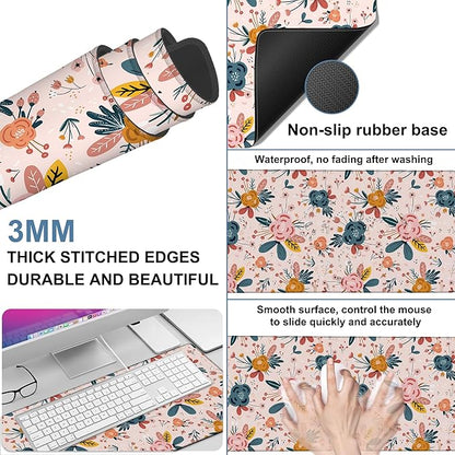 Gaming Desk Pad Large Extra Length Hand Drawn Floral Mouse Pad Keyboard Laptop Non-Slip Waterproof with Rubber Base Thick Stitched Edge Mouse Mat for Office Home 35.4 x 15.7 Inches
