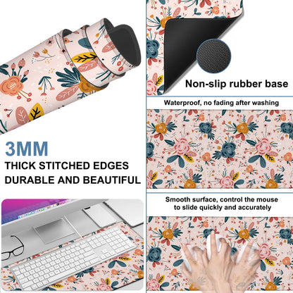 NITAHHHY Gaming Desk Pad Large Extra Length Hand Drawn Floral Mouse Pad Keyboard Laptop Non-Slip Waterproof with Rubber Base Thick Stitched Edge Mouse Mat for Office Home 35.4 x 15.7 Inches