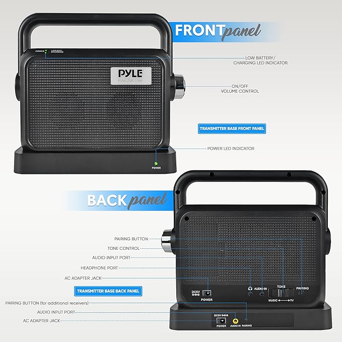 Pyle Wireless Portable Speaker Soundbox - 2.4ghz Full Range Stereo Sound Digital TV MP3 iPod Analog Cable w/ Headset Jack Voice Enhancing Audio Hearing Assistance - PTVSP18BK
