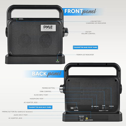 Pyle Wireless Portable Speaker Soundbox - 2.4ghz Full Range Stereo Sound Digital TV MP3 iPod Analog Cable w/ Headset Jack Voice Enhancing Audio Hearing Assistance - PTVSP18BK
