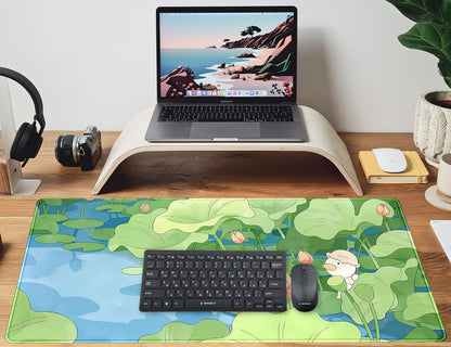 Green Cute Anime Desk Mat Kawaii Cartoon Ducks Gaming Mouse Pad XXL Large Anime Girl Gamer Mousepad Women Office Decor Desk Pad Aesthetic Lotus Leaf Laptop Keyboard Pad Computer Mat 31.5x15.75 in