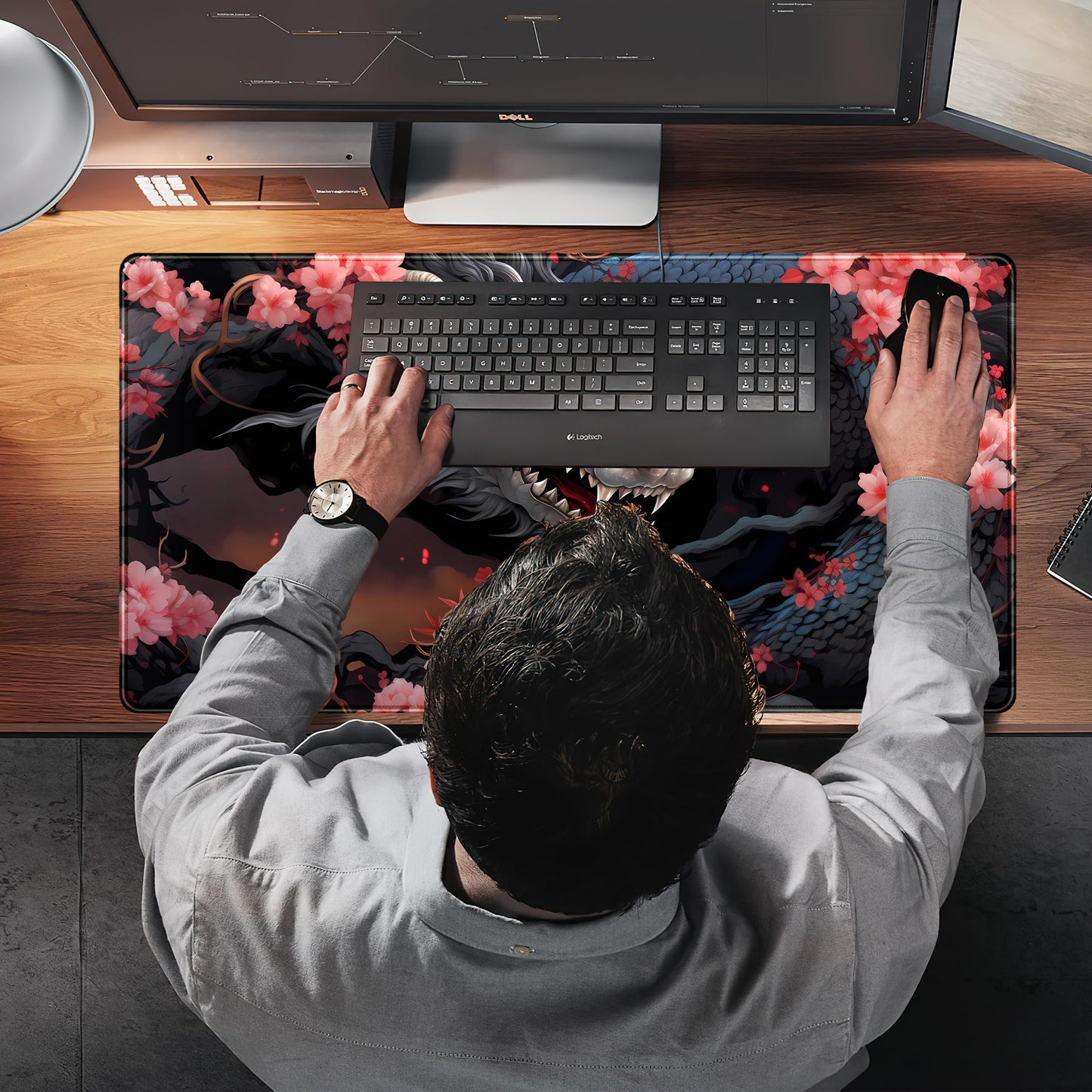 Cute Sakura Dragon Gaming Mouse Pad Kawaii XXL Large Extended Anime Desk Mat, Non-Slip Rubber Base Mousepad, Office Decor Desk Pad, Cool Keyboard and Mouse Mat with Stitched Edges, 31.5x15.75 in