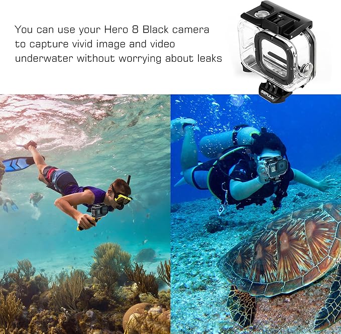 GEPULY 60M/196FT Waterproof Housing Case for GoPro Hero 8 Black, Dual Cold Shoe Slots Protective Underwater Diving Housing Shell for GoPro Hero 8 Black Action Camera