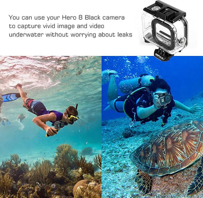 GEPULY 60M/196FT Waterproof Housing Case for GoPro Hero 8 Black, Dual Cold Shoe Slots Protective Underwater Diving Housing Shell for GoPro Hero 8 Black Action Camera