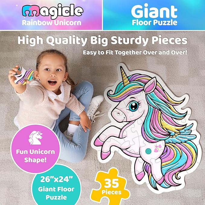 Rainbow Unicorn Giant Floor Puzzle with Sounds, 35 Piece Extra Thick Puzzles, Unicorn Toys for Girls Age 4-6, Floor Puzzles for Kids Ages 3-5 and 6 Year Old Gifts