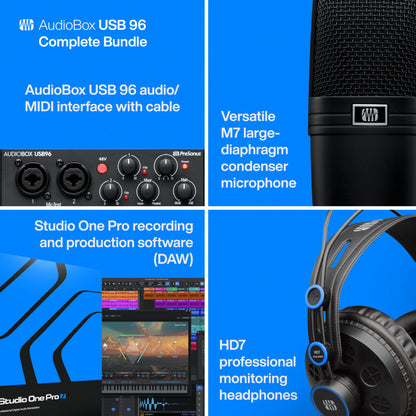 PreSonus AudioBox USB 96 Bundle — USB Audio Interface, XLR Interface for Guitar, Device for PC & Mac, Complete Recording Package with Studio One Pro, Music Production, Home Studio