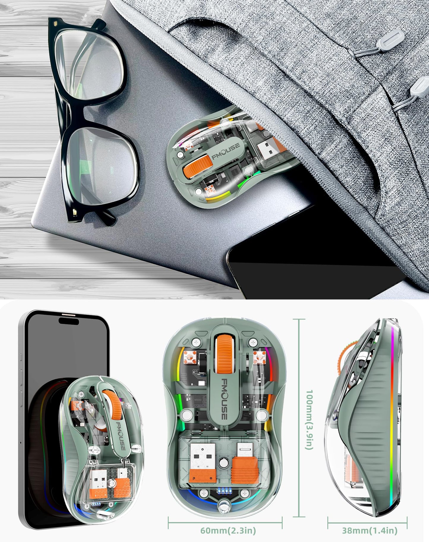 Bluetooth Wireless Mouse, Transparent RGB Tri-Modes Mouse,Bluetooth & 2.4GHz for Multi Device, USB-C Receiver Ideal for MacBook/Laptops, Rechargeable, Silent, Portable, Cool LED, Ergonomic - Green