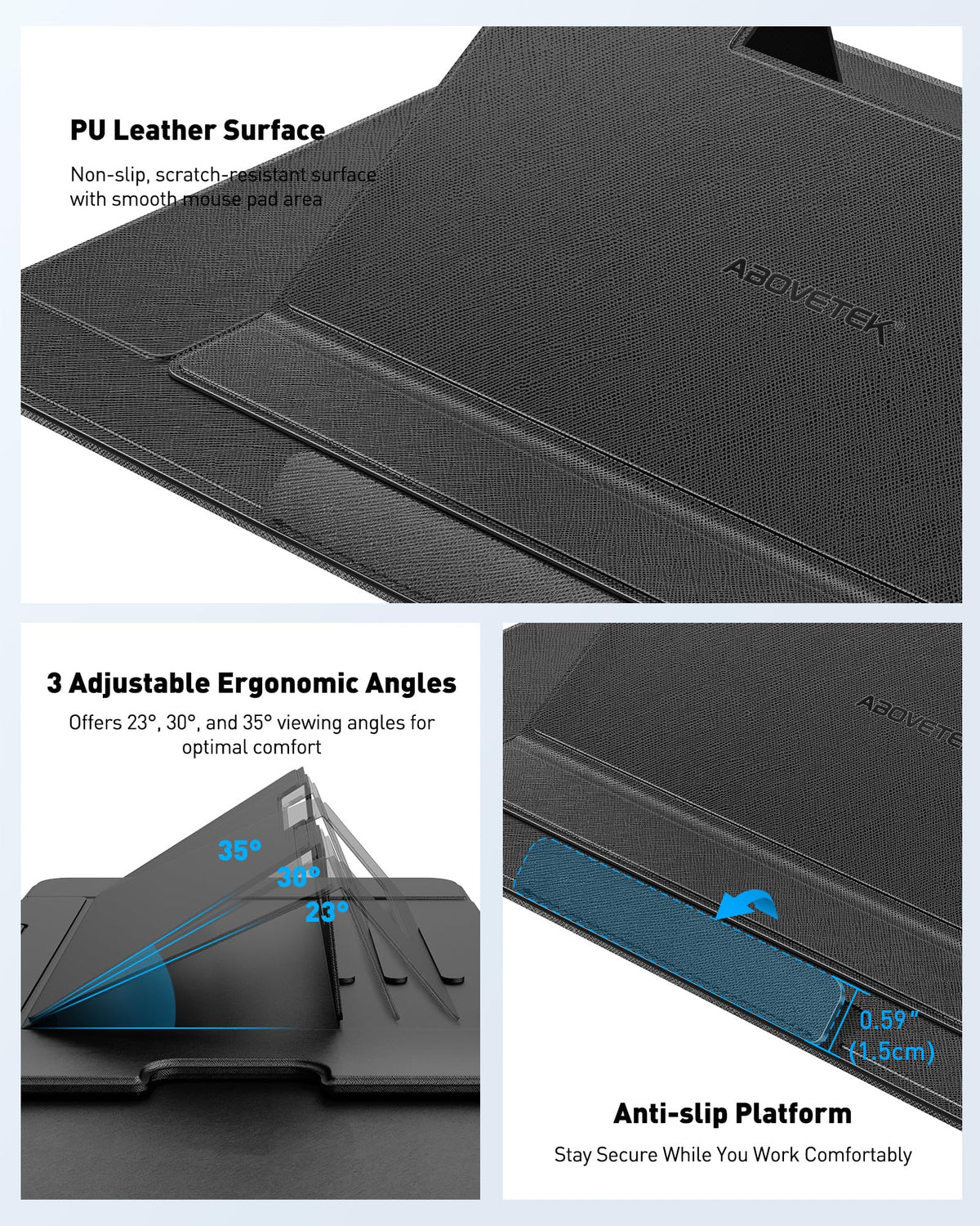 AboveTEK Adjustable Laptop Lap Desk, 3 Ergonomic Angles, PU Leather Non-Slip Surface, Heat Shield, Retractable Mouse Pad, Portable Laptop Lap pad Workstation for Bed, Sofa, Travel