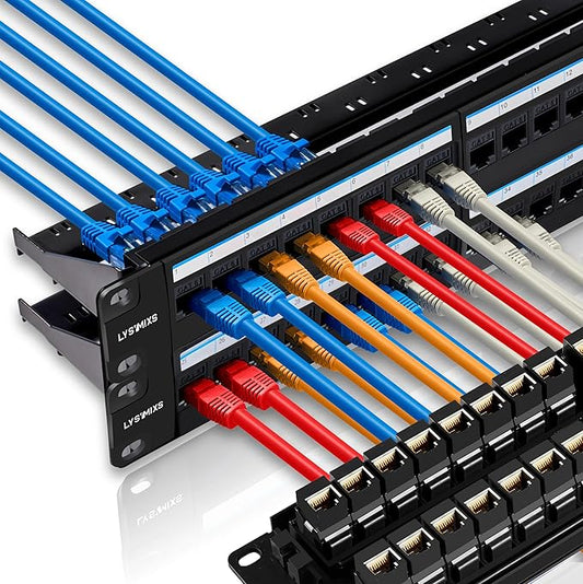 Lysymixs 48 Port RJ45 Cat6 Patch Panel, 19 Inch, Black, Easy Install & Repair, Gold Plated Keystone, Rack Mountable