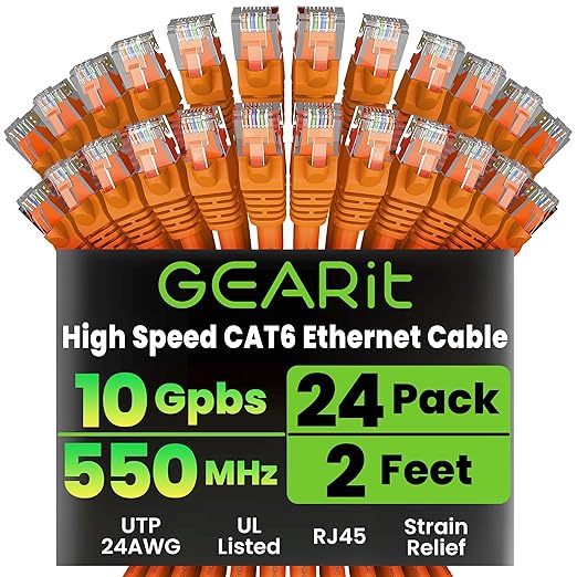 GEARit Cat 6 Ethernet Patch Cables 2 ft Orange (Cat 6 Ethernet Cables 2 ft 24-Pack), High Speed 24AWG 10Gbps RJ45 Snagless Gold-Plated, Ethernet Cable for Router, Switch, PC, PS5 Gaming, Server