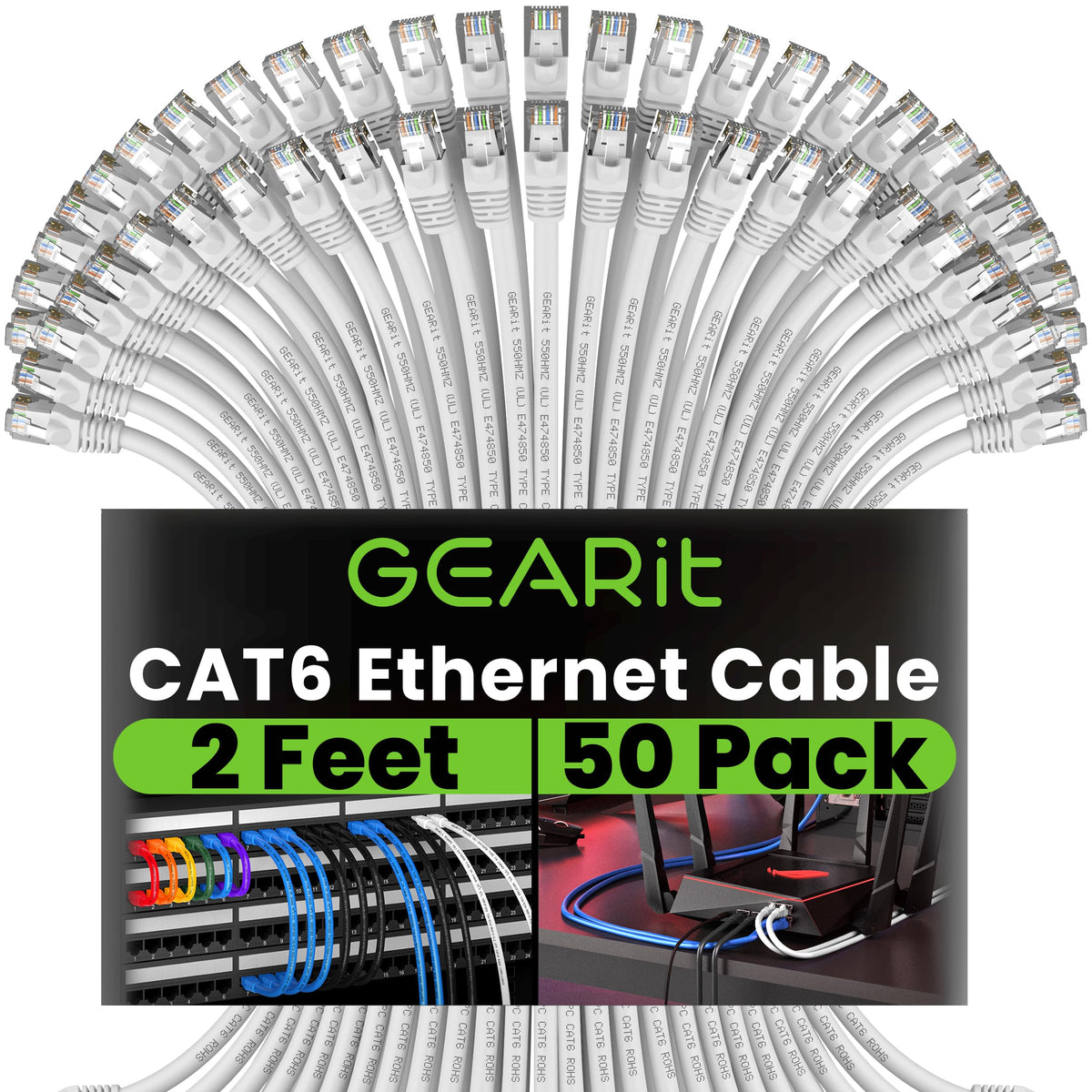 GEARit Cat6 Patch Cables Cat 6 Ethernet Cable 2 ft 50-Pack Black