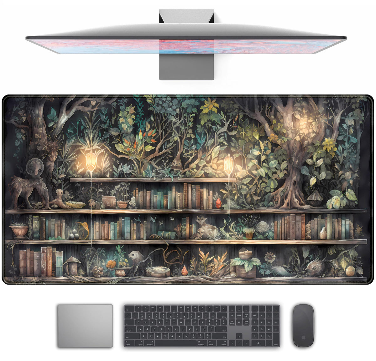 Desk Mat Forest Library Book Mouse Pad Big Desk Pad XXL Extended Gaming Large Mouse Pad for Desk Rubber Base Mousepad with Stitched Edges, Keyboard Mouse Mat for Work Game Office Home 31.5x15.7 in