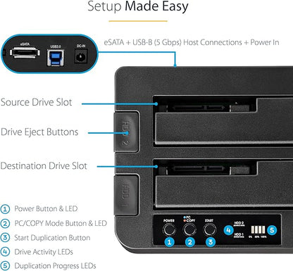 StarTech.com Standalone Hard Drive Duplicator, External Dual Bay USB 3.0 (5 Gbps) / eSATA to 2.5/3.5" SATA III HDD/SSD Cloner/Copier, Hard Disk Docking Station, Cloning/Recovery (SDOCK2U33RE),Black