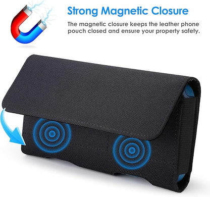 Mopaclle Nylon Horizontal Phone Holster for Men Belt, Magnetic Closure Cell Phone Belt Holder with Metal Clip and Dual Belt Loops for iPhone 13 mini, 12 mini, SE 2022, SE 2020, iPhone 8, 7, 6S, 6