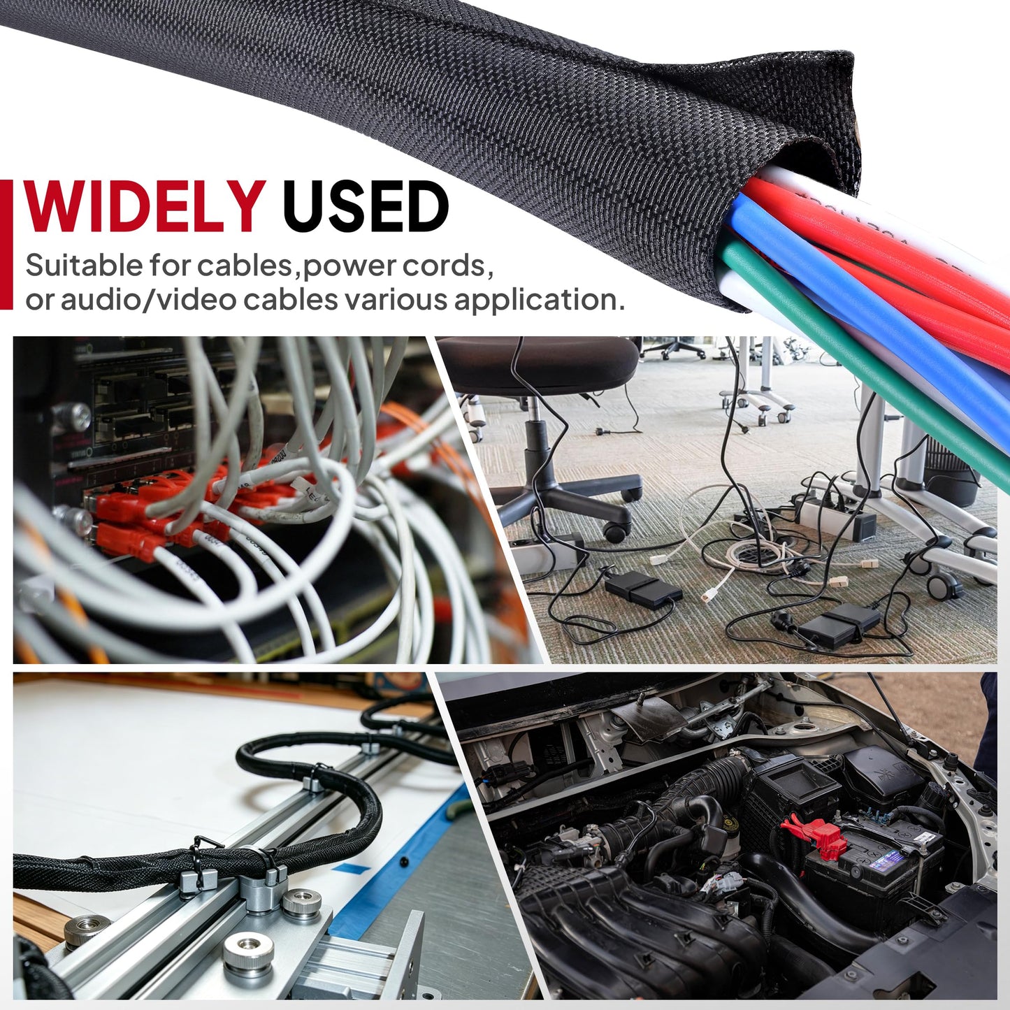BuyUneed Black Split Braided Cable Management Sleeves 1/2inch -30Feet