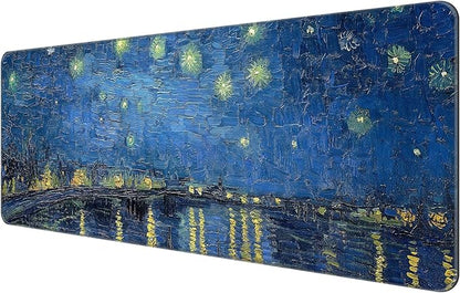 Dynippy Thin Extended Gaming Mouse Pad （31.5 * 11.8 * 0.08 inch） with Stitched Edges Large Mousepad Long XXL Keyboard and Mouse pad Desk Mat for Gaming Office & Home - Starry Night Over The Rhone