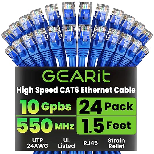 GEARit Cat 6 Ethernet Patch Cable 1.5 ft Blue (24-Pack Cat6 Ethernet Patch Cables 1.5ft), High Speed 24AWG 10Gbps RJ45 Snagless Gold-Plated, Ethernet Cable for Router, Switch, PC, PS5 Gaming, Server