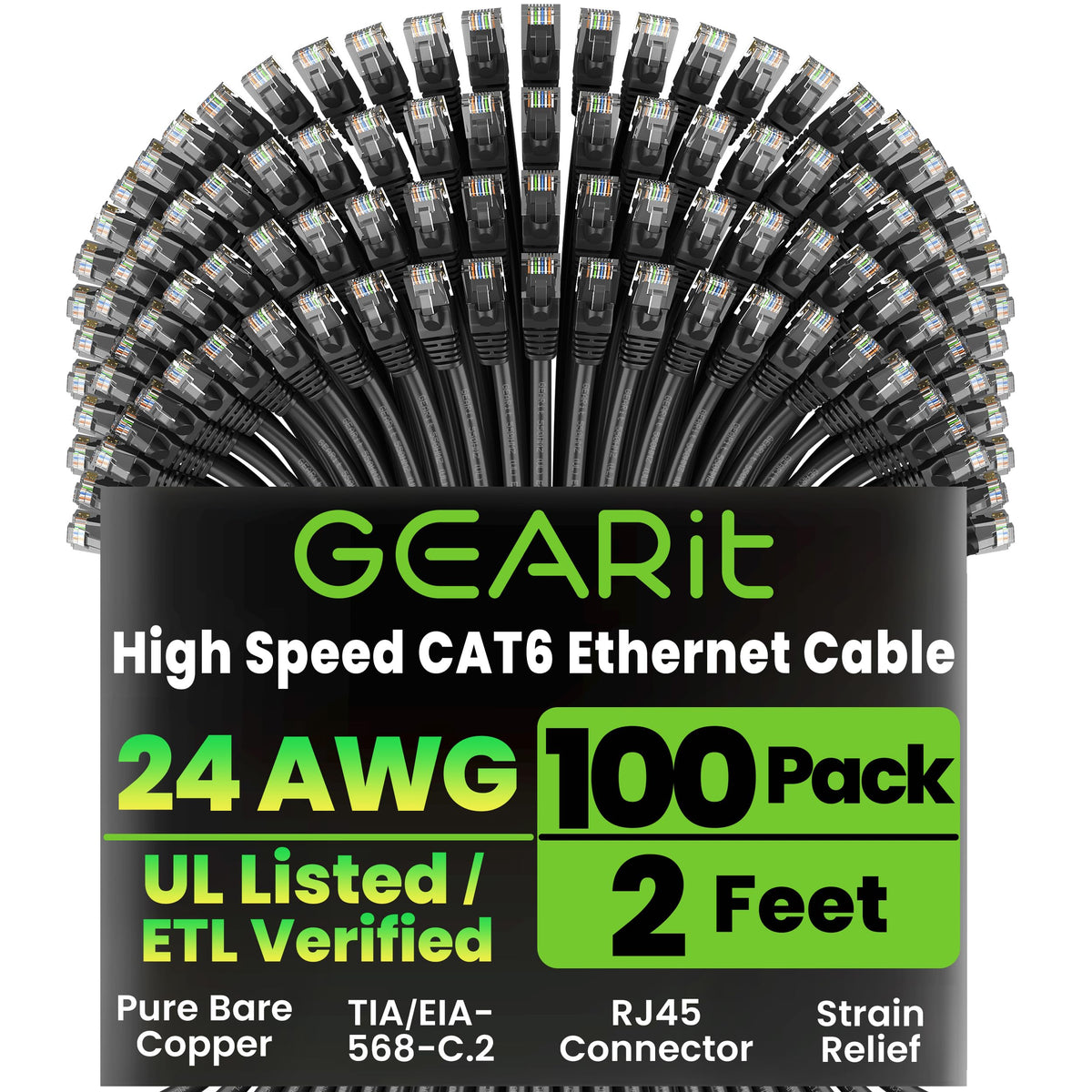GEARit Cat6 Patch Cables Cat 6 Ethernet Cable 1.5 ft 100-Pack Black