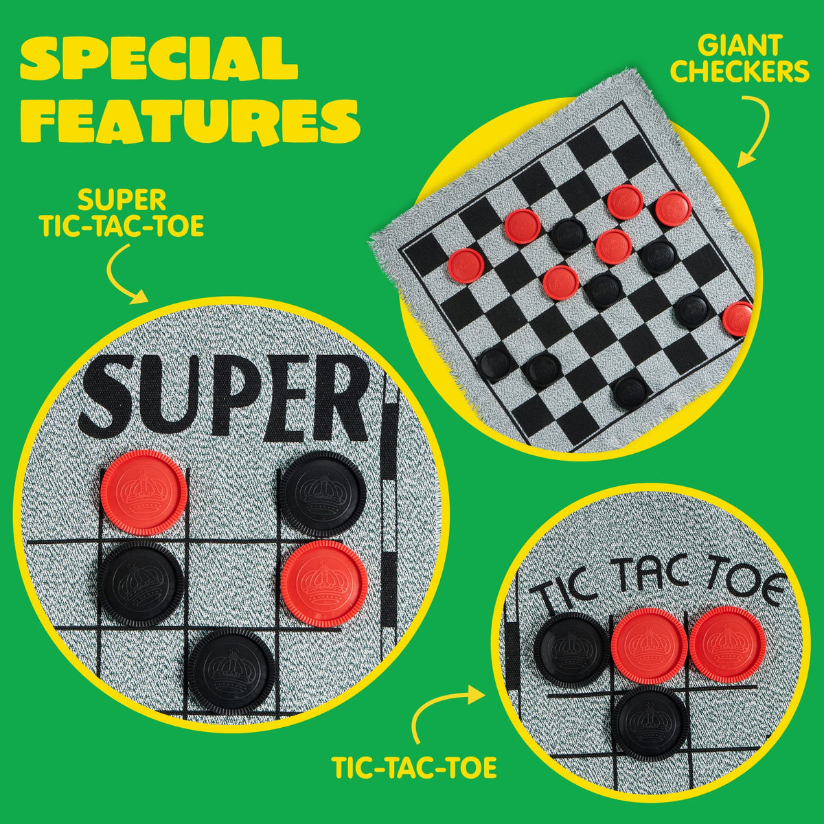 3-in-1 Vintage Giant Checkers, Tic, Tac, Toe, with Reversible Mat, 24 Chips, Family Board Game, Lawn Game, BBQ Party Favor, Indoor and Outdoor Activity for Kids and Adults