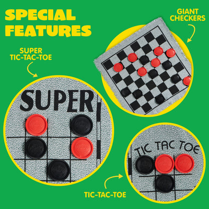 3-in-1 Vintage Giant Checkers, Tic, Tac, Toe, with Reversible Mat, 24 Chips, Family Board Game, Lawn Game, BBQ Party Favor, Indoor and Outdoor Activity for Kids and Adults