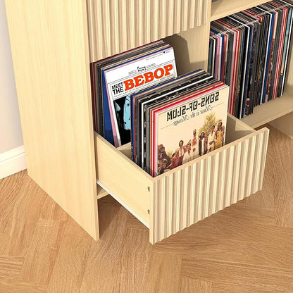Record Player Stand with Vinyl Storage - Mid Century Modern Turntable Stand with Adjustable Shelves & Cable Hole, Record Player Table with 4 Cubes for Living Room, Bedroom, Oak