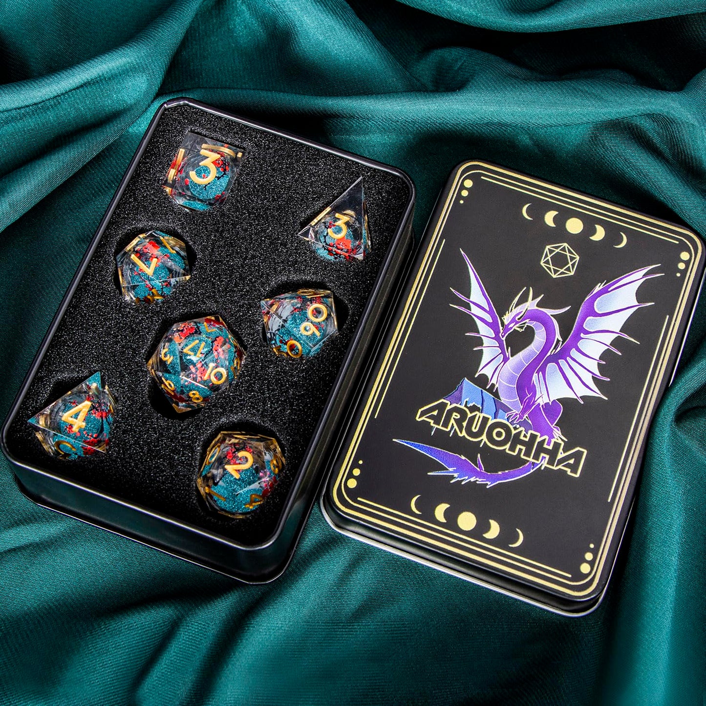ARUOHHA DND Resin Dice Plum Blossom Liquid Core Dice Golden Blue Sharp Edged Polyhedral Dragons Dice Set with Gift Box, Dungeons D and D Dice Role Playing Game D20 D12 D10 D8 D6 D4