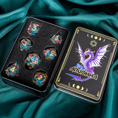 ARUOHHA DND Resin Dice Plum Blossom Liquid Core Dice Golden Blue Sharp Edged Polyhedral Dragons Dice Set with Gift Box, Dungeons D and D Dice Role Playing Game D20 D12 D10 D8 D6 D4