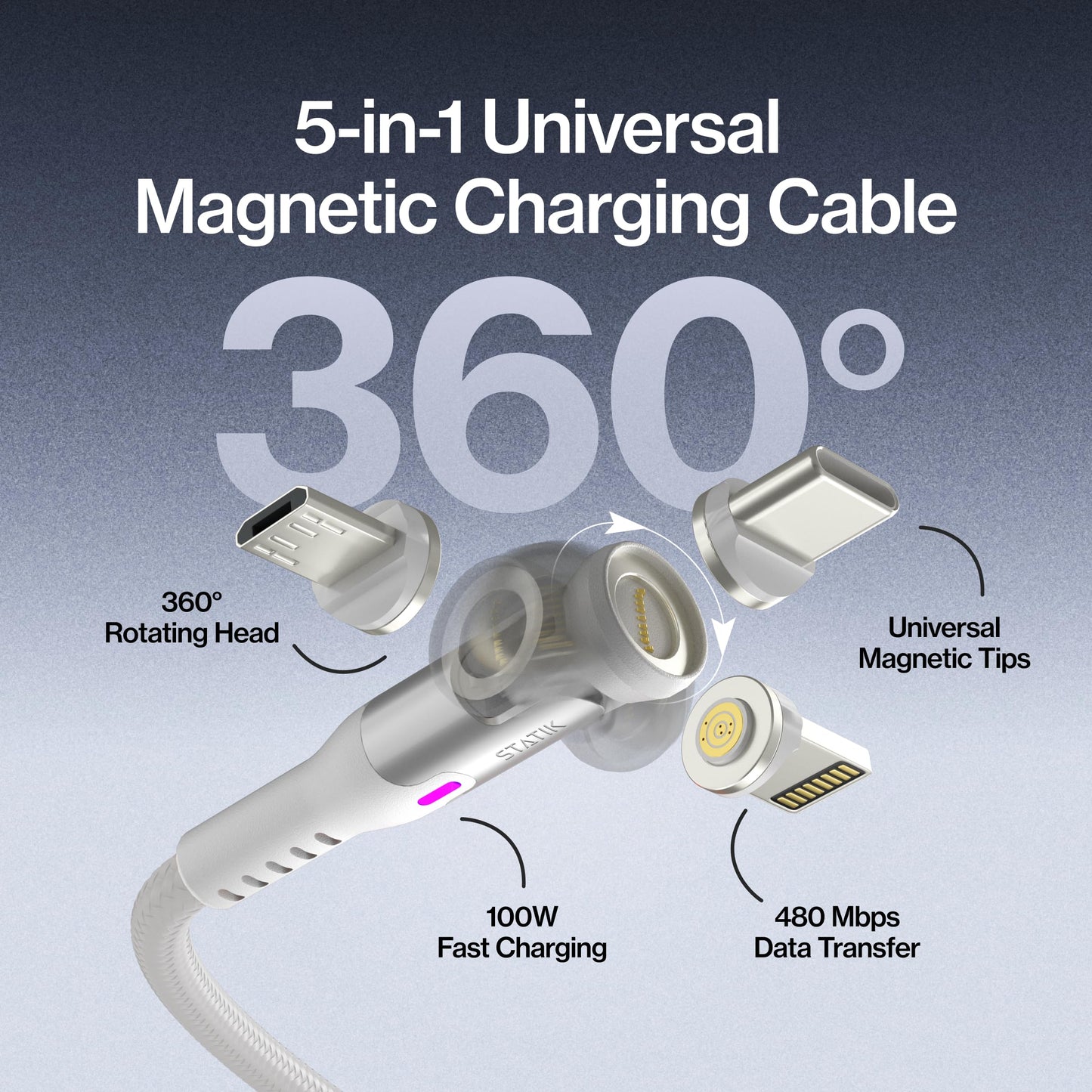 Statik 360 Pro Magnetic Charging Cable, USB-C Micro-USB Lightning Tips 100W