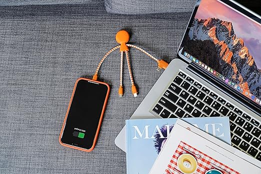 Multi USB Cable 4 in 1 - Universal Charger Made from Recycled Plastic - USB, USB-C, Lighting, Micro USB Ports - Compatible with All Smartphones Mr Bio Blue Octopus (Orange)
