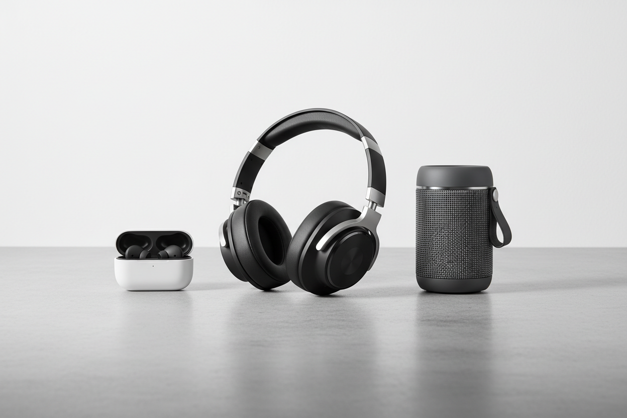 Audio & Headphones – Immerse yourself in superior sound quality with our headphones, earbuds, and speakers. (make it real photo)