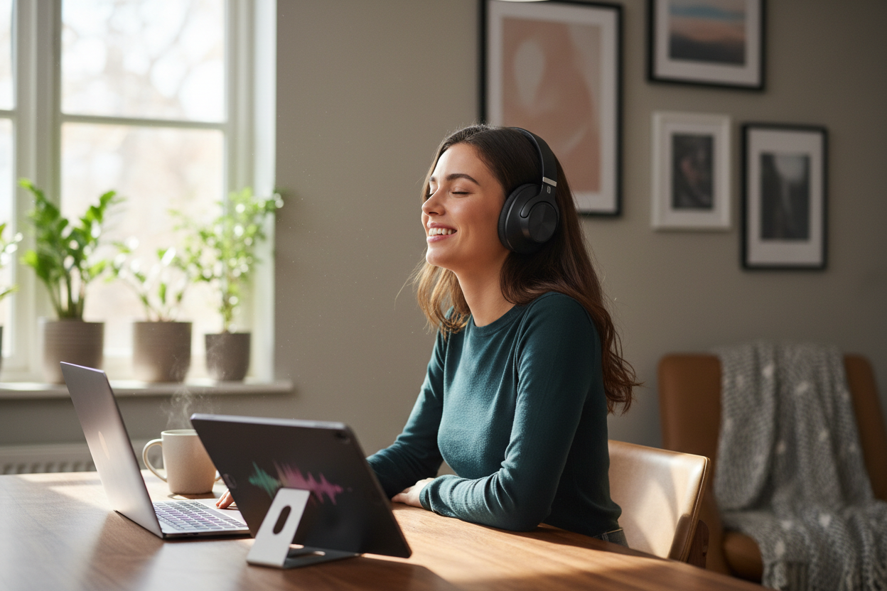 "I bought a pair of headphones here, and the sound quality is incredible. Comfortable for long use and perfect for work and leisure." – Emily R. (make it real photo)