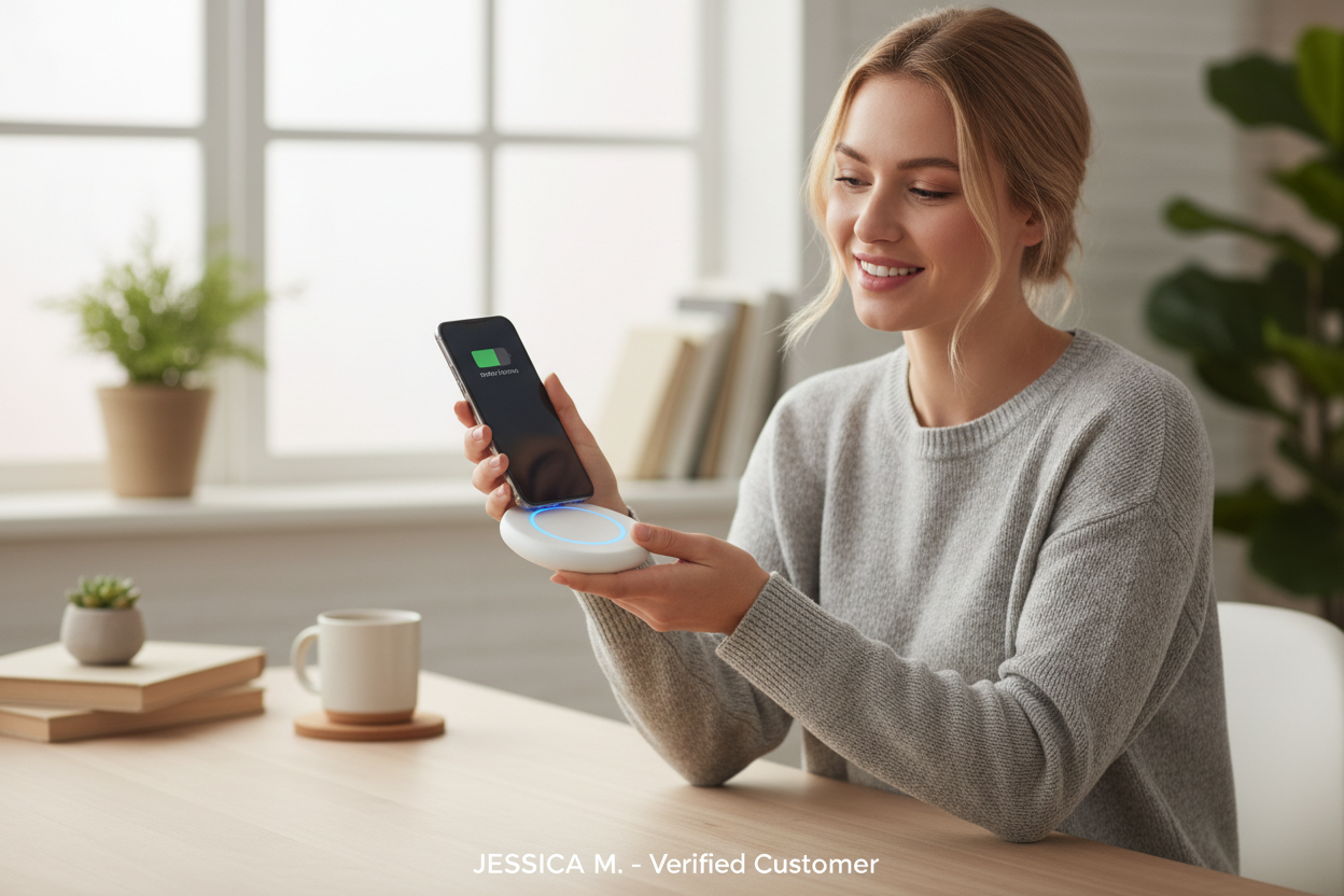 "I purchased a wireless charger from Vivid Life, and it works flawlessly. Fast charging, sleek design, and excellent quality. Highly recommend!" – Jessica M. (make it real photo)